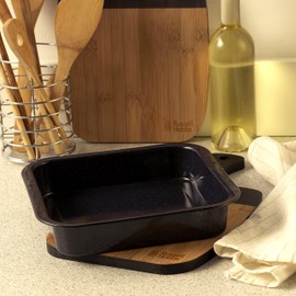 Russell Hobbs BW000751 Romano Glaskörper-emaillierter quadratischer Bräter, 26cm Backform, quadratische Kuchenform Ofen beständig bis 230 Grad Celsius/Thermostat 8, für Fleisch/Kuchen/Gemüse, schwarz
