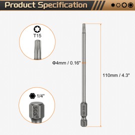 sourcing map 3pcs T15 Torx Head Screwdriver Bit 1/4" Hex Shank 4.3" (110mm) Long Magnetic No Hole Tip Tamper Proof 6 Point Star Screw Driver Drill Bits S2 Steel Industrial Power Screwdrivers