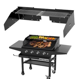 PHYESUVIN Universal Wind Guard and Warming Rack Fit for Griddle Without a Hood from 28" to 36", Wind Screen and Cooking Grid BBQ Griddle Accessories for Blackstone and Other Griddle with Rear Grease