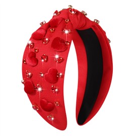 YAHPERN Valentine’s Day Headband for Women Red Pink Heart Knotted Headband Jeweled Rhinestone Crystal Wide Top Knot Hairband Valentine’s Day Hair Accessories Holiday Gifts (Velvet Heart Red)