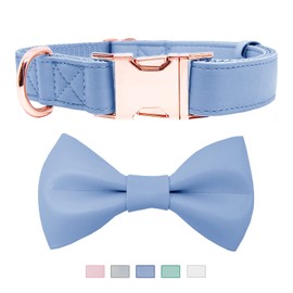 Soft Leather Bowtie Dog Collar - Adjustable Cute Bow Tie Collar [Easy to Clean] with Stylish Rose Gold Heavy Duty Metal Buckle for Small Medium Large Dogs Blue XS