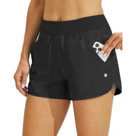 WILLIT Women's 3" Quick Dry Swim Board Shorts with Brief Liner UPF 50+ Swimming Bottoms Trunks Black XL