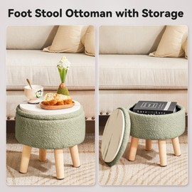 IBUYKE 13 Inch Foot Stool Ottoman with Storage, Round Small Foot Rest with Padded Seat and Wood Legs, Teddy Velvet Mini Footstool for Living Room Couch Bedroom Entryway, Green WBD006GR