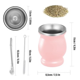 Huamirra Mate Tea Cup, Stainless Steel Companion Tea Set, 260 ml Mate Cup, Double-Walled, with Straw Spoon and Cleaning Brush, Easy to Clean Cup, for Mate Tea (Pink)
