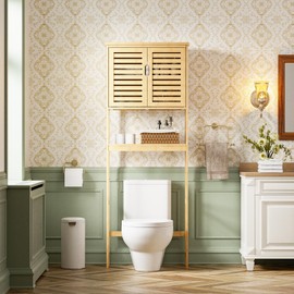 SMIBUY Bathroom Over The Toilet Storage Cabinet, 2 Door Bamboo Cabinet Organizer, Freestanding Space Saver Toilet Rack with Adjustable Inside Shelf and Open Shelf (Natural)