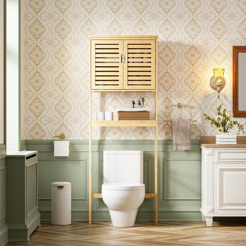 SMIBUY Bathroom Over The Toilet Storage Cabinet, 2 Door Bamboo