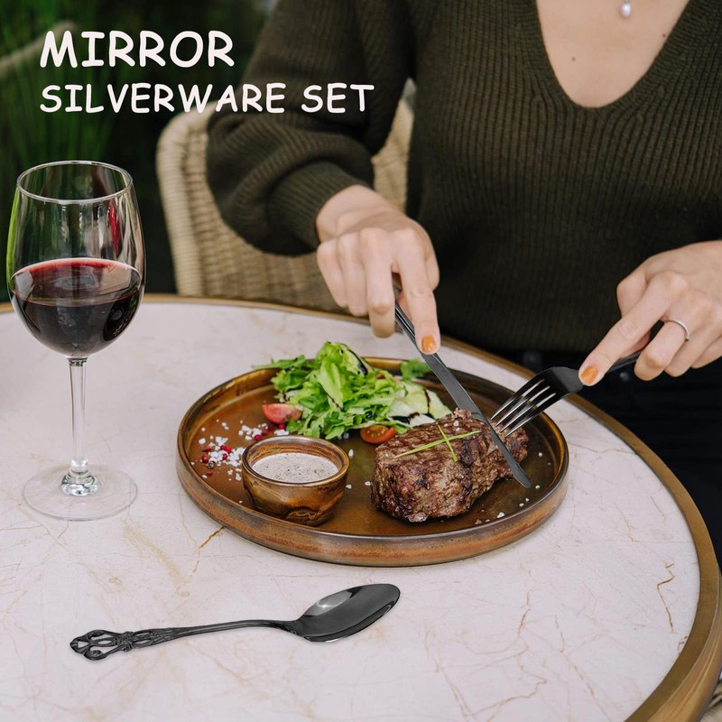 Black Silverware Set for 12, Stainless Steel Gorgeous Retro Royal