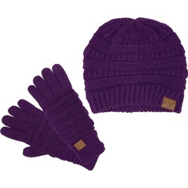 Funky Junque Funky Winter Hat and Gloves for Women: Super Soft Knit Slouchy Beanie and Fleece Lined Touchscreen Gloves Set - Dark Purple