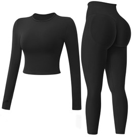 MAYROUND Women Gym Set 2 Piece Outfits Workout Set Long Sleeve Gym Tops Scrunch Bums Leggings Yoga Activewear Tracksuit Set