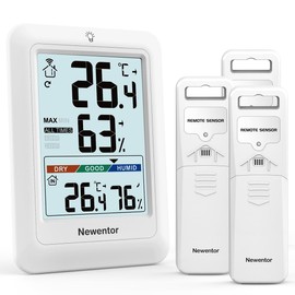 Newentor Max Min Thermometer Indoor Outdoor 24/48 Hours/All Times - Hygrometer Humidity Meter with Air Comfort - Wireless Weather Station with 3 Outdoor Sensors - Room Thermometer with Lighting, White