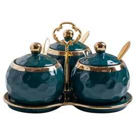 YMYL Set of 3 Porcelain Condiment Pot Sugar Bowl with Lid, Spoon and Tray, Modern Ceramic Seasoning Jars Salt Container for Home Kitchen, Restaurant, Coffee Bar (Green)