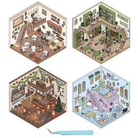 4 PCS 3D Sticker Scene,Sticker Scene,Miniature Sticker Scene,3D House Sticker Set,Build Your Own Apartment,Coffee Shop,Restaurant,Bookstore,for Stress Relief,Suitable for Children and Adults