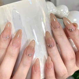 Almond Press on Nails Medium Nude Fake Nails Natural Acrylic Nails with Rhinestone Glue on Nails Glossy Solid False Nails for Women Girls Manicure Kit 24 Pcs