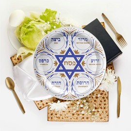 Generic Passover Decorations, Seder Plates for Passover, Happy Passover Seder Plates, Disposable Paper Plates, Napkins and Cups, Gold Plastic Knives Forks and Spoons, 112 Piece Set, 16 Guest