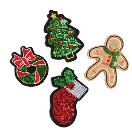 12pcs Christmas Iron on Patches Appliques Sequins Christmas Tree Embroidered Patches Glitter Gingerbread Man Santa Socks Sew on Appliques for Clothes Jeans Hat Shirt Sweater Decorations
