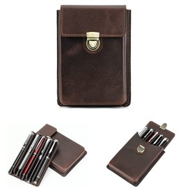 Hiram Leather Pencil Case, Portable Genuine Leather Fountain Pen Storage Box with Secure Lock Vintage Leather Pen Holder for School Business Trip, 9053-coffee, Classic