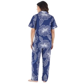 Sleepyheads Women's Poplin Cotton Short Sleeve Button Up Top and Pants Pajama Set, Pant Set - Navy Blossom, Large