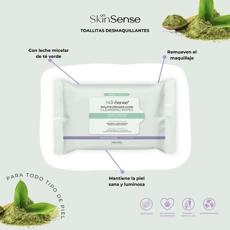 Skin Sense Toallitas Faciales Biodegradables (25 piezas) – Té Verde