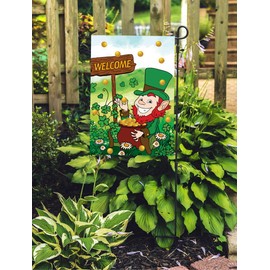 Texupday Welcome Smile Leprechaun Gold Pot Decoration Double Sided St. Patrick's Day Shamrock Garden Flag Outdoor Yard Decor 12" x 18"