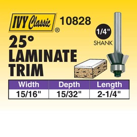 IVY Classic 10828 25-Degree Bevel Laminate Trim Carbide Router Bit with Ball Bearing, 1/4-Inch Shank, 1/Pouch