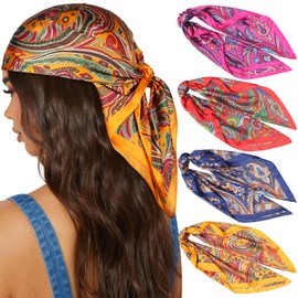 AWAYTR 27.5” Silk Satin Square Head Scarf - 4PCS Satin Head Scarves for Women Hair Kerchief Bandanas Sleeping Head Wraps (Cashew(Flower(Hot pink/Navy/Orange/Yellow)))