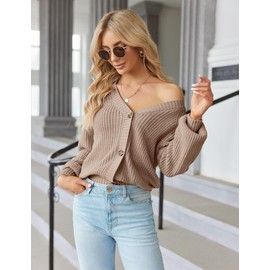 Hotouch Cardigan Women's Short Knitted Cardigan V-Neck Button Down Open Front Sweater, Elegant, Casual Shoulder Jacket, Top, khaki