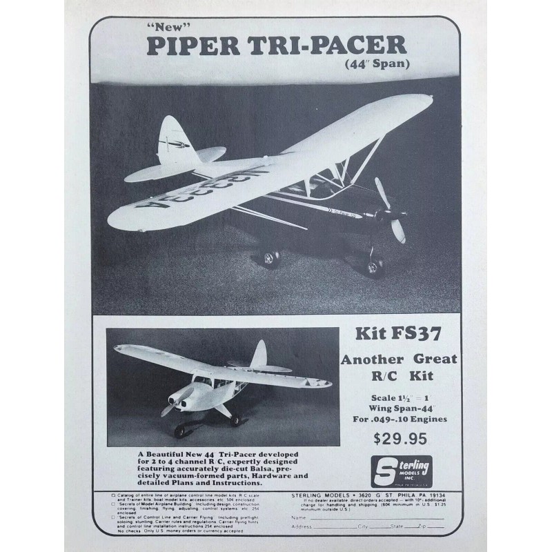Sterling Model Airplane Plans (RC-UC): Piper Tri-Pacer 44" Scale for