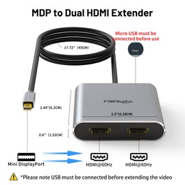 Fairikabe Mini DisplayPort to Dual HDMI Adapter, 4K@60Hz, MST, SST, for Laptop, PC, Monitor, Projector and More