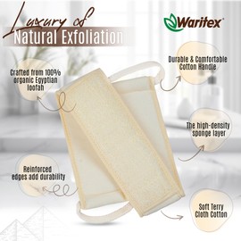 Waritex Natural Egyptian Loofah Back Scrubber for Shower, Extra-Long Exfoliating Strap Made with Natural Egyptian Loofah Fibers, Deep Cleaning Body Sponge for Men and Women – Soft Cotton Handles