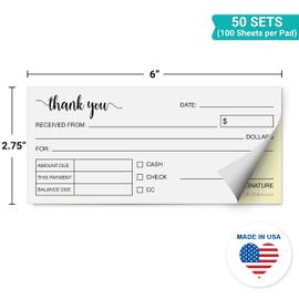 321Done 2-Part Carbonless Thank You Receipt Book, 2.75x6 Pocket Size, Made in USA, Cute Handheld Duplicate Copy Order Form for Craft Boutique Business (50 Sets) White/Yellow