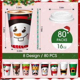 Uiifan 80 Pack Christmas Paper Cups 16 oz Disposable Christmas Cups with Lids and Paper Straws Christmas Hot Chocolate Cups Coffee Cups for Xmas Party Hot and Cold Drinks Tea Water Serving Supplies
