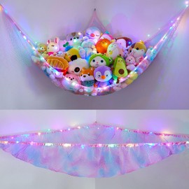 Stuffed Animals Hammock with LED Light Toy Net Room Decor Corner Storage