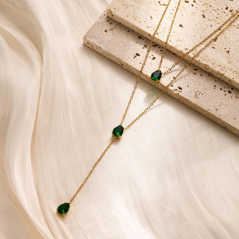 Layered Necklace for Women Green Red Blue Pink Teardrop Long