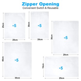 OSDUE 25 Pcs Frosted Resealable Bag, Plastic Zip-lock Seal Clothes Bags in 5 Sizes, Luggage Organiser Pouch with Ventilation Hole, Reusable Plastic Ziplock Hospital Bag for Home School Trip Hospital
