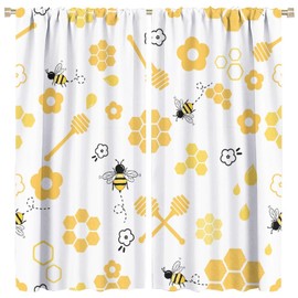 HZOHNAGO Bee Curtain Cartoon Cute Bees Yellow Honeycomb Flower Pattern Blackout Print Rod Pocket Window Drapes for Bedroom Living Room 42x54in
