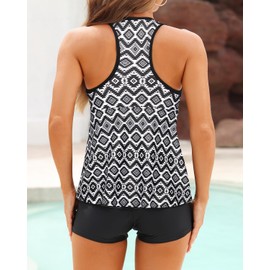 Tempt Me Women Black Geometric Two Piece Tankini Swimsuit Racerback Bathing Suits Tops with Shorts High Waisted XXL