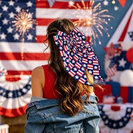 4pcs Independence Day Hair Bows for Women,Star Striped Long Ribbon Spring Clip with American Flag Element,Red White Blue Stars Bowknot Hair Clips 4th of July Holiday Hair Accessory for Party Decor