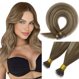 Sunny Hair Nano Beads Hair Extensions Invisible Nano Hair Extensions Human Hair Straight Nano Tip Hair Nano Ring Hair Extensions 50G/50S Balayage Medium Brown to Platinum Blonde 14inch