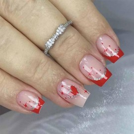 LBPEPAMZ 24Pcs Valentine's Day Press on Nails Short Square Fake Nails With Silver Glitter Heart Designs Red French Tips Love Heart Acrylic False Nails Star Full Cover Glossy Stick on Nails for Women