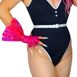 DooWay Women's Fashion Long Fancy Fingerless Gloves Rose PVC Ruffle Trim Cuff Faux Lambskin PU 28cm Dress Leather Gloves