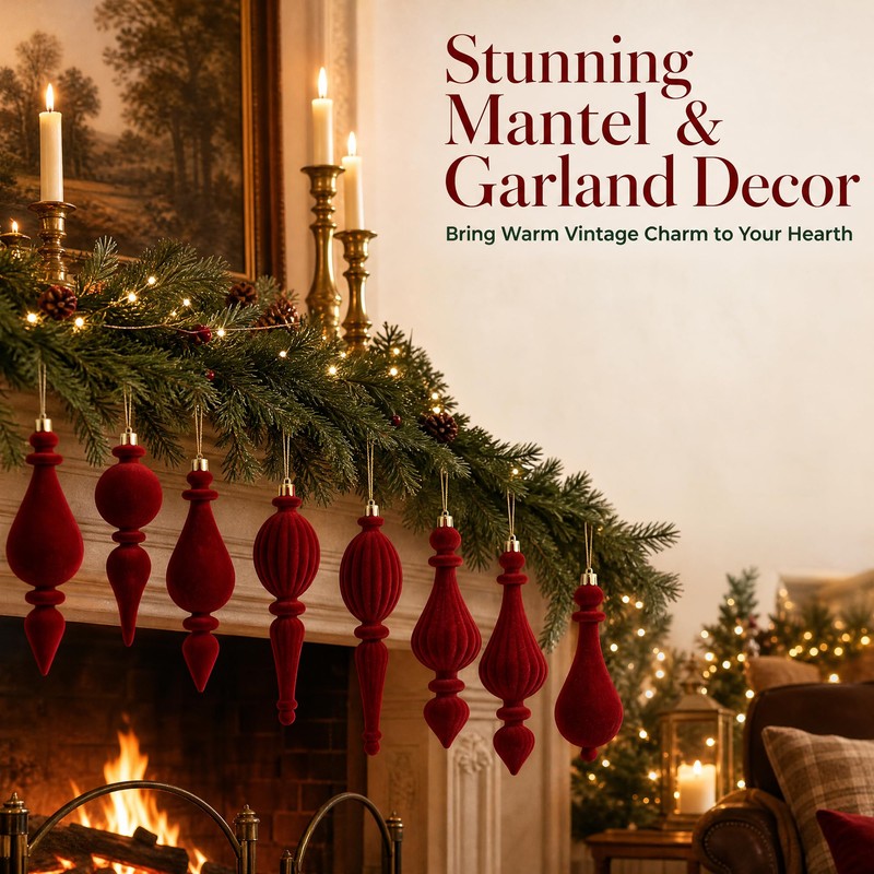 8 Pcs Burgundy Christmas Decorations, Finial Velvet Baubles Ornaments