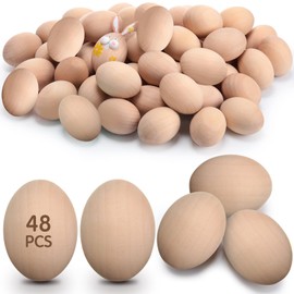 Xinnun 48 Pcs Wooden Easter Eggs Faux Eggs for DIY Easter Eggs Realistic Fake Eggs Crafts and Easter Decorations Eggs for Kids Easter Crafts DIY Decor Party Favors (Unpainted Color)