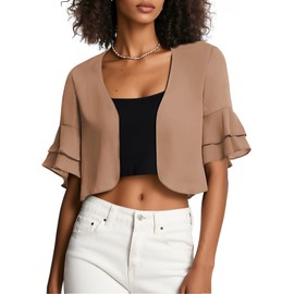 Urban CoCo Women's Sheer Chiffon Bolero Shrug Ruffle Short Sleeve Open Front Cropped Cardigan for Dresses(S, Camel)