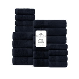 Villa Celestia 100% Cotton Bath Towel Set of 18-4 Bath Towels, 6 Hand Towels, 8 Wash Cloths, Sustainable, Soft, Highly Absorbent, Combed Cotton 18 Piece Set for Hotels, Spa, Bathroom, Dorm, Black