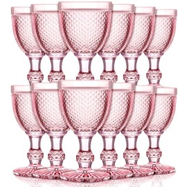 Bokon 12 Pack Wine Glasses Red Wine Glass Goblets High Clear Wine Glass 10 oz Vintage Glass Goblet Embossed Diamond Design Glassware Goblet with Stem for Juice Liquor Party Wedding Bar(Pink)