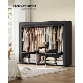 SONGMICS Portable Closet, Wardrobe Closet Organizer with Cover, 5 Hanging Rods and Shelves, 4 Side Pockets, 17.7 x 83 x 65.7 Inches, Large Capacity for Bedroom, Living Room, Ink Black URYG095B01