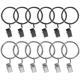 Acooruiteng Curtain Rings with Clips Curtain Clips Metal Decorative Curtain Pole Rings 32mm Inside Diameter Shower Curtain Hooks with Clips for Drapery Windows Bathroom Home Kitchen Black Silver 12Pcs