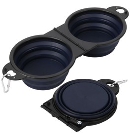 HDhqzm Collapsible Dog Dual Bowls, 2-in-1 with Locking Clip for More Stability 180 Degree Flip Portable Dog Travel Bowl for Water and Food Pet Food Drinker (Dark Blue)