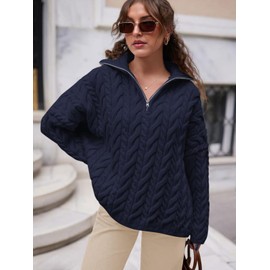 PRETTYGARDEN Womens Long Sleeve Sweater Lapel Collar Half Zip Cable Knit Fall Sweaters for Women 2025 Fashion Clothes (Navy, Medium)