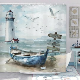 Uokiuki Nautical Coastal Shower Curtain, Ocean Beach Lighthouse Shower Curtain Set, Seasides Sailboat Coastal Blue Teal Decor Shower Curtain for Bathroom with Hook 70X75IN